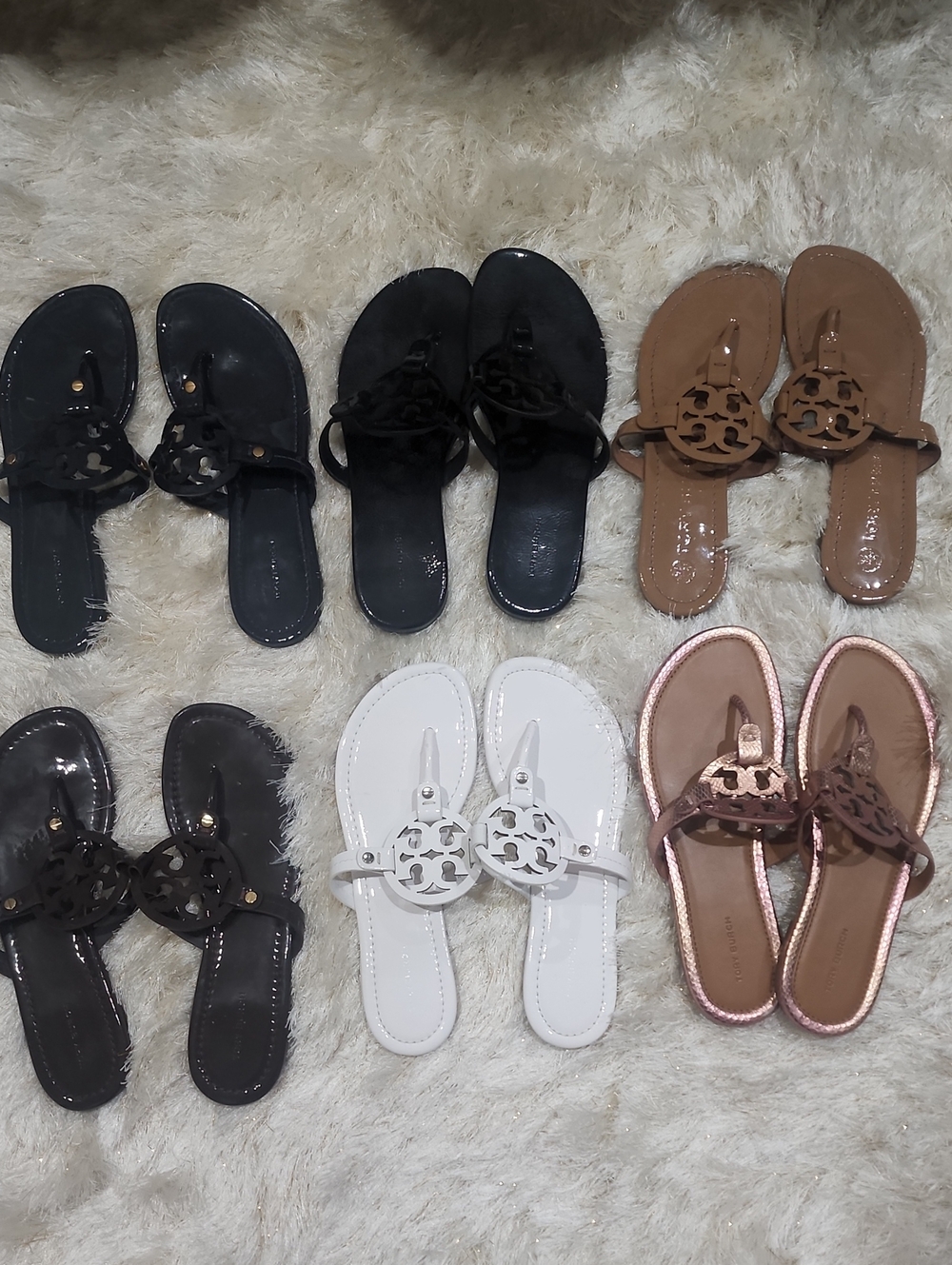 Tory Burch Patent Logo Thong Sandals in Black, White, Brown and Rose $ is Per Pr